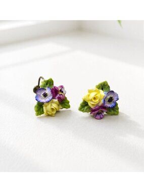 Vintage Ceramic Floral Screw Back Earrings Hand-Painted Yellow & Purple Flowers